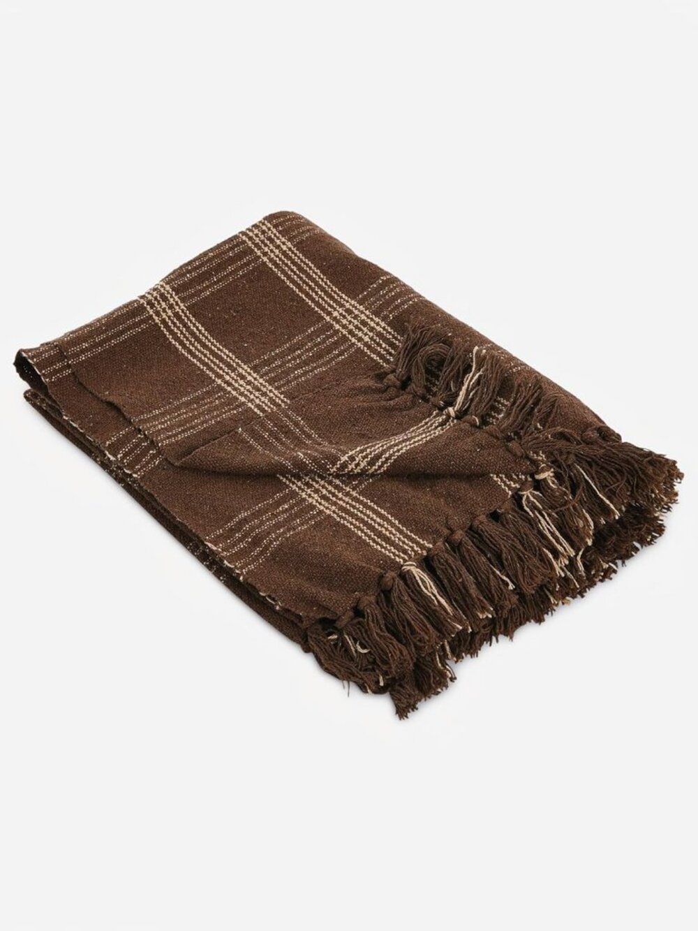 Recycled Cotton Blend Throw Blanket with Fringe, Brown Plaid
